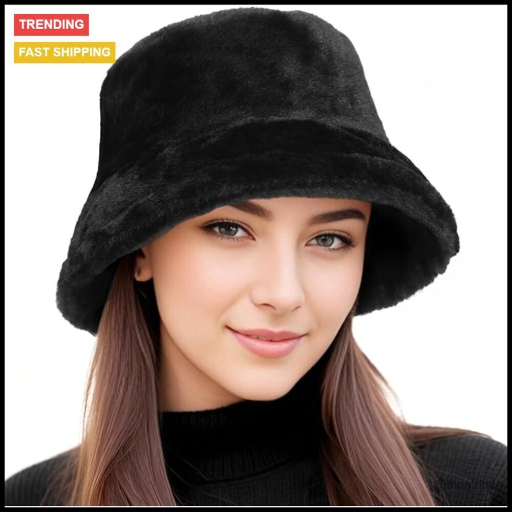 Faux Fur Bucket Hat Fuzzy Warm Fisherman Cap Adjustable Drawstring Crushable